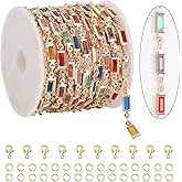 KYUNHOO 13 Feet Mix Colored Rectangular Rhinestone Chain Spool Paperclip Chain Links Gold Plated Chains for Jewelry Making Brass Chain Bulk with Jump Rings and Lobster Clasps