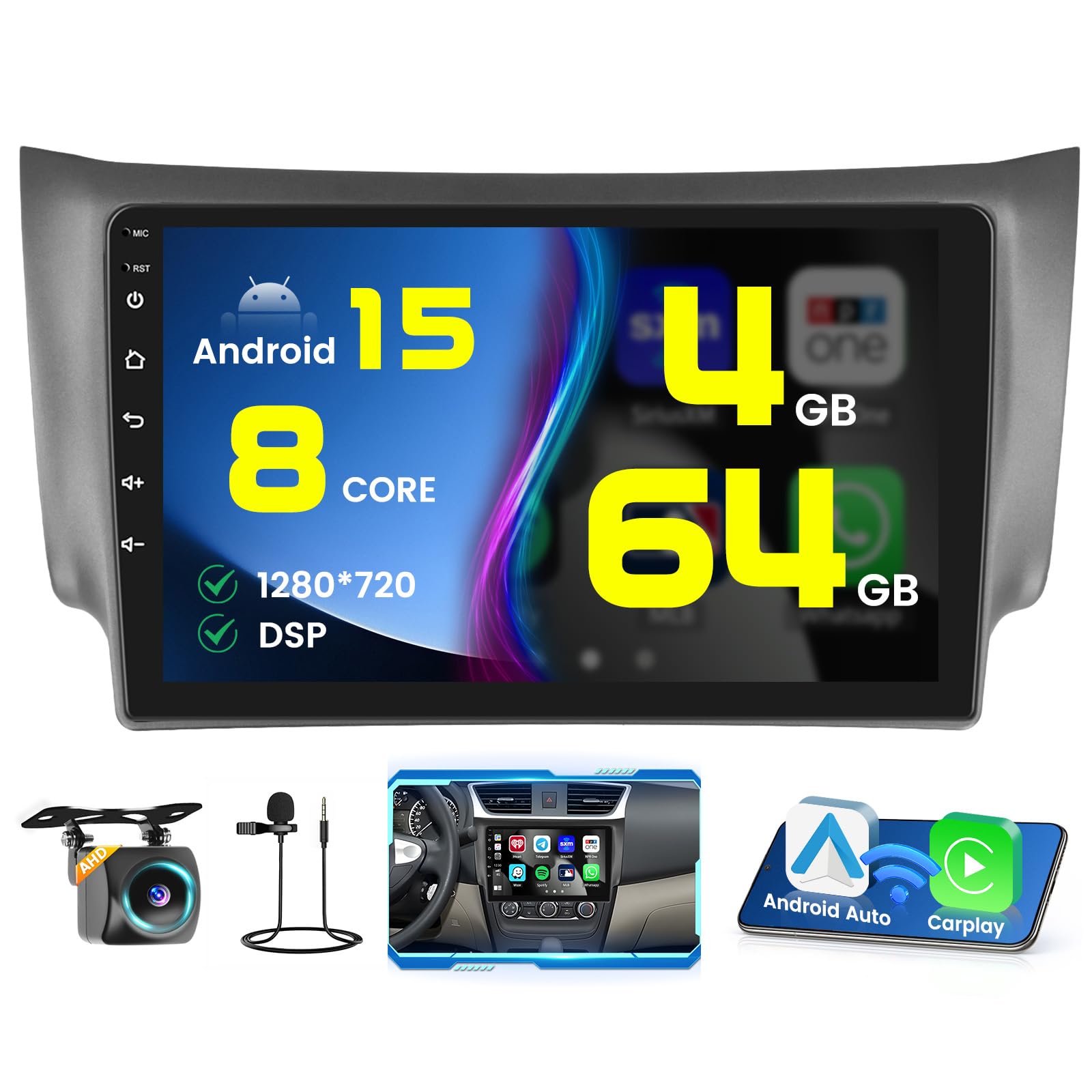 Photo 1 of [8-Core 4+64G ] for Nissan Sylphy/Sentra 2013-2017 Android 15 Car Stereo, Hikity 10.1" Touchscreen Radio Wireless Carplay Android Auto GPS Bluetooth/5G WiFi FM/32EQ/DSP SWC Mirror Link Backup Cam 59UI