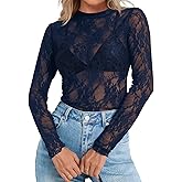 Elesomo Womens Mesh Short/Long Sleeve Tops Mock Neck See Through Shirts Floral Lace Blouses