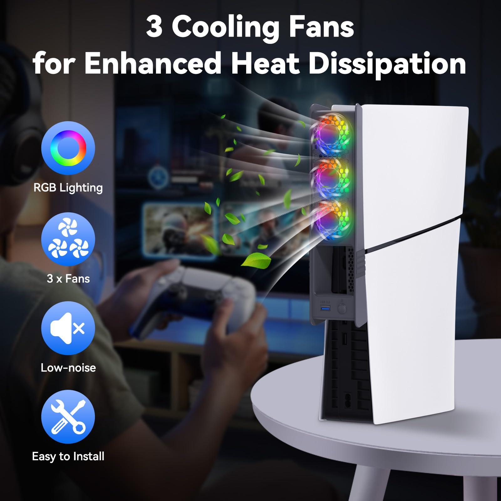 ELUTENG Kühlventilator für PS5 Slim / PS5 Pro, Leises Lüfter mit RGB-Licht & Automatischer Temperaturgesteuerte Geschwindigkeit, Lüfter Kühler mit USB 3.0 Port für Playstation 5 Pro / Slim Disc & Dig 6