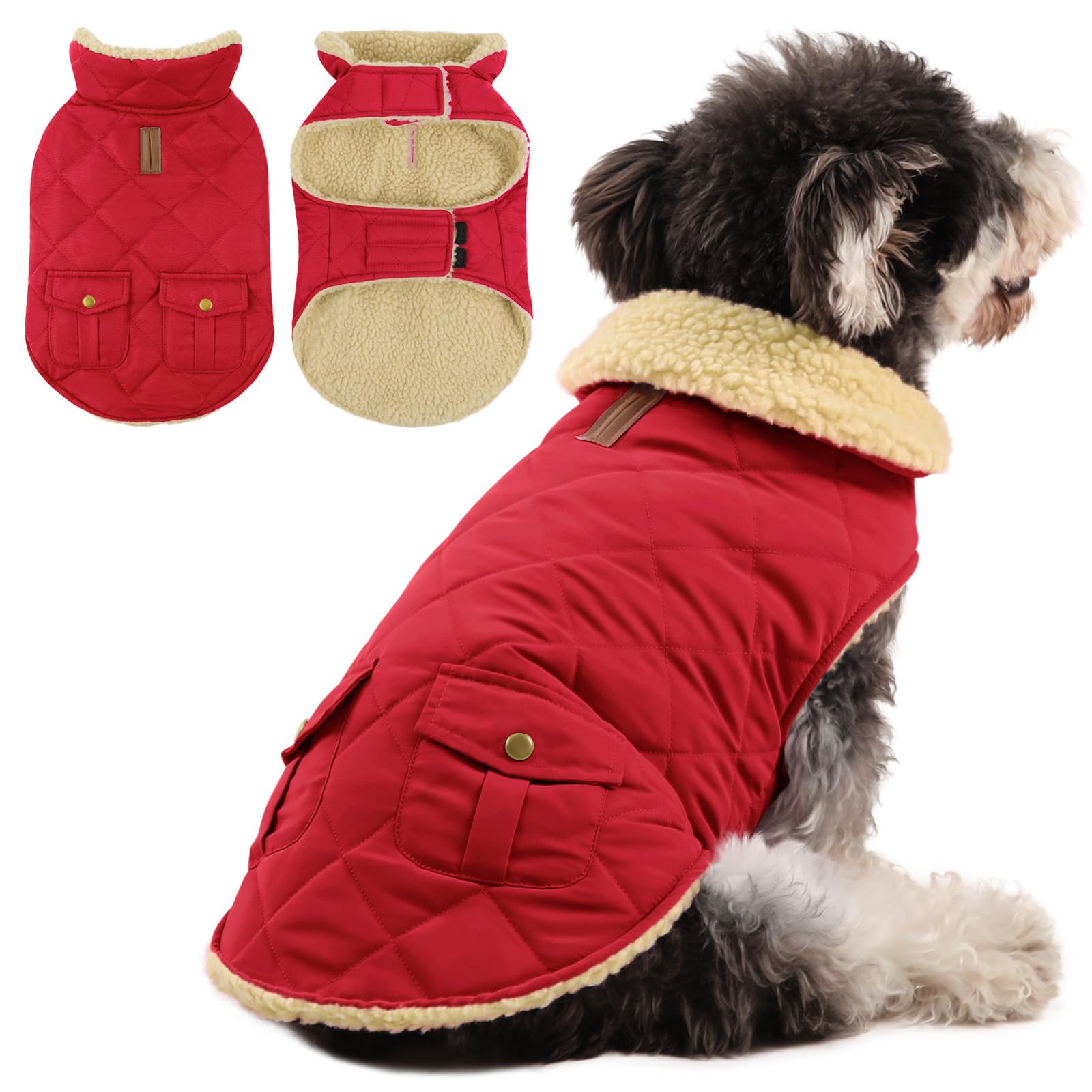 Queenmore Winter Fleece Coat for Small Dogs - Puppy Clothes for XS Breeds, Chihuahua, French Bulldog, Miniature Dachshund - Red, XS
