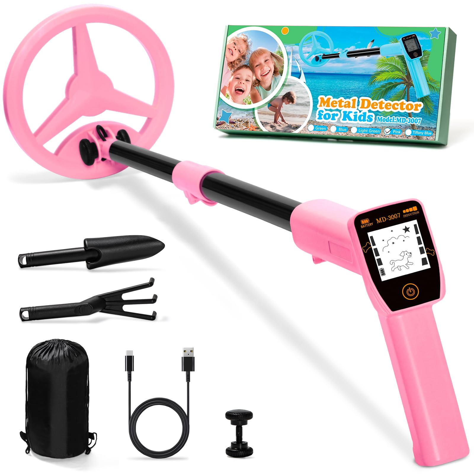 Metal Detector Kids, Smofrees USB Rechargeable Small Kids Metal Detectors, Adjustable 24"-34" Portable Childrens Gold Detector with Funny LCD Display for Outdoor Exploration, Pink