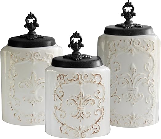 Amazon Com American Atelier 3 Piece White Fleur De Lis Canister