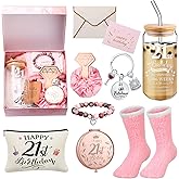 Yungyan 9 Pcs 21st Birthday Gifts for Her Bday Gift Basket with Makeup Bag 18oz Glass Cup Sock Keychain Card Mirror Bracelet Scrunchie Unique 21 Year Old Present for Women Female Daughter Born in 2005