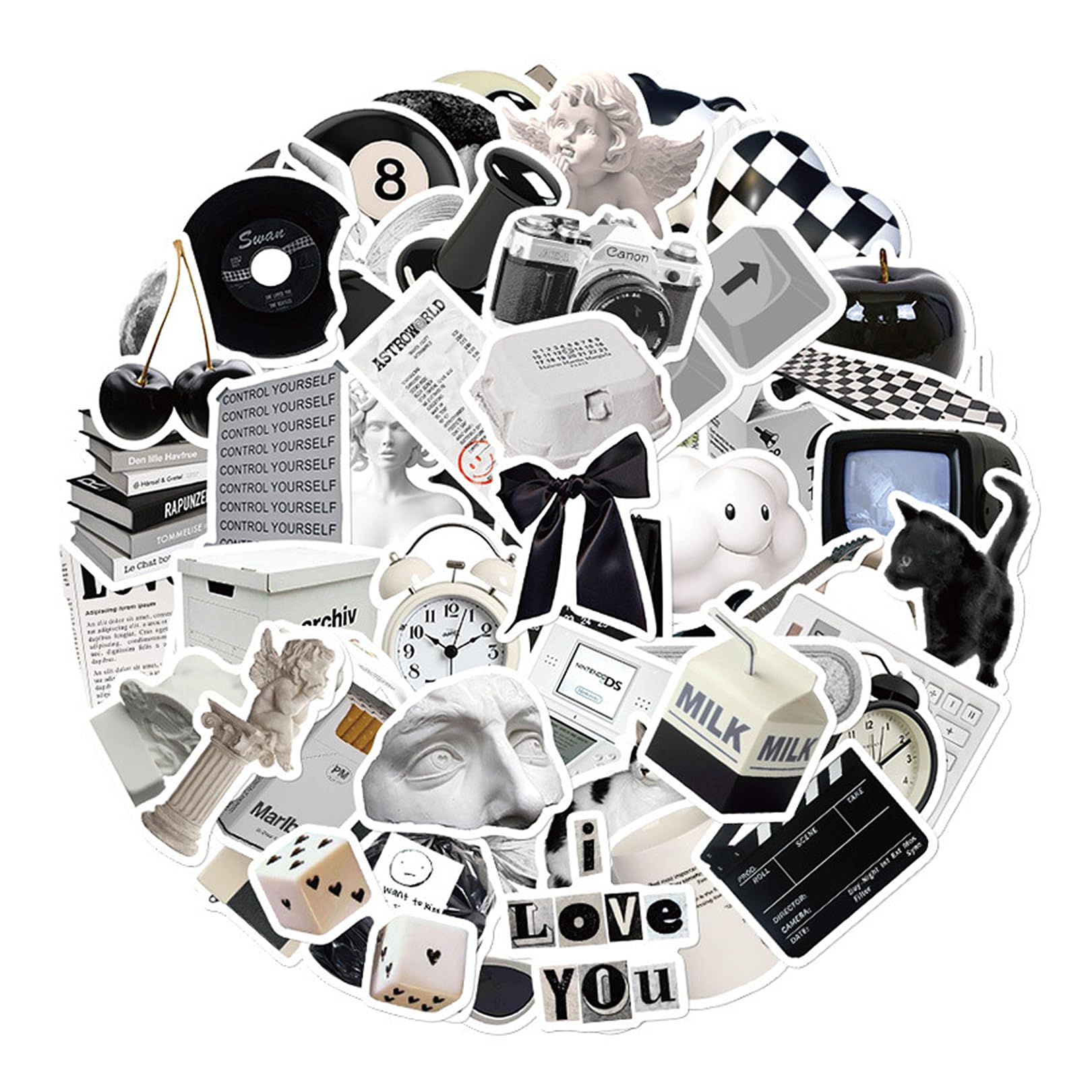 Set of 61 Black and White Stickers, Vintage Waterproof Vinyl Stickers, Aesthetic Stickers for Scrapbooking, Graffiti Waterproof Sticker Decoration, Small Stickers for Teenagers, for Laptop, Luggage