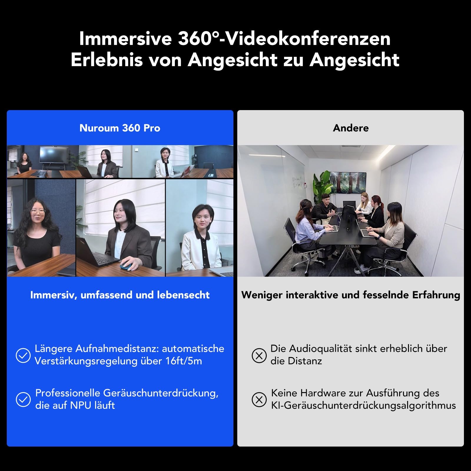 NUROUM 360 Pro Kamera für Videokonferenzen, 3 AI Modi, Intelligente Rauschunterdrückung & AGC, Webcam mit Mikrofon und Lautsprecher für Zoom/Teams/GoogleMeet auf PC/Laptop/Desktop 3