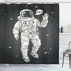 Ambesonne Outer Space Shower Curtain, Pop Art Astronaut Saluting with Speech Bubble Comet Adventure Traveler, Cloth Fabric Bathroom Decor Set with Hooks, 84