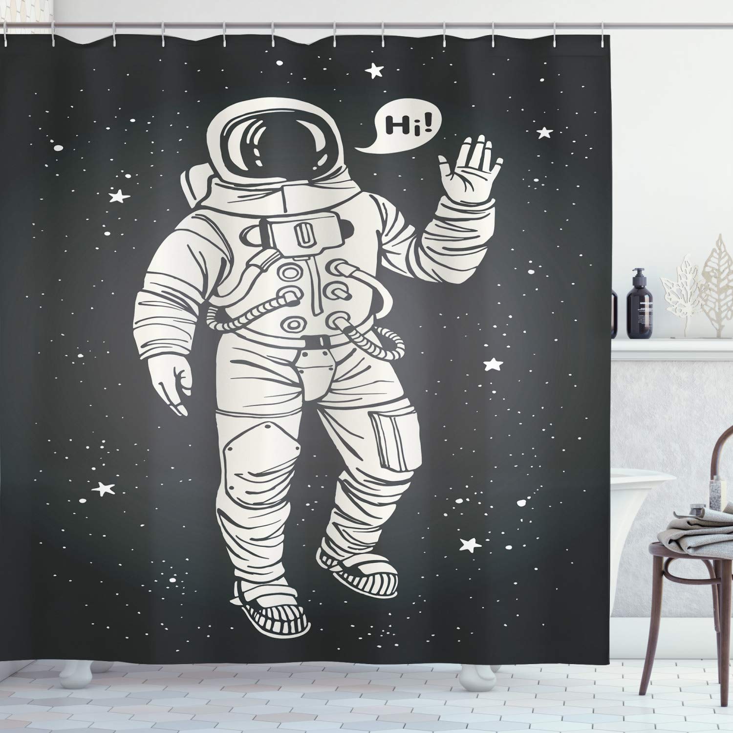 ABAKUHAUS Outer Space Shower Curtain, Pop Art Astronaut Saluting with Speech Bubble Comet Adventure Traveler, Cloth Fabric Bathroom Decor Set with Hooks, 86 Inches Extra Long, Charcoal Grey Dust