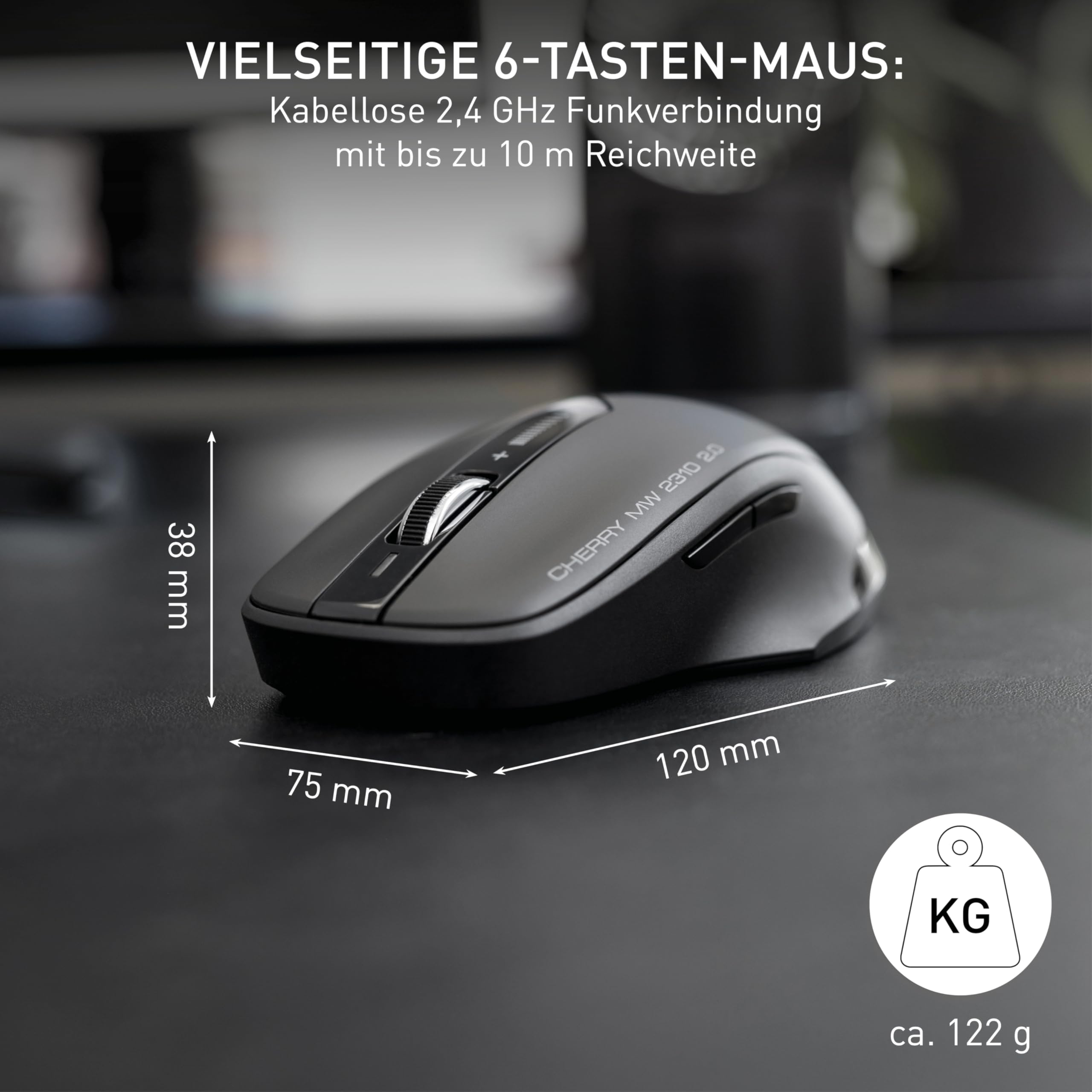 CHERRY MW 2310 2.0, Kabellose 6-Tasten-Maus, 2,4 GHz Funk mit 10 m Reichweite, Optischer Sensor & DPI-Schalter, Nano-USB-Empfänger, Beidhändig Nutzbar, Schwarz 2
