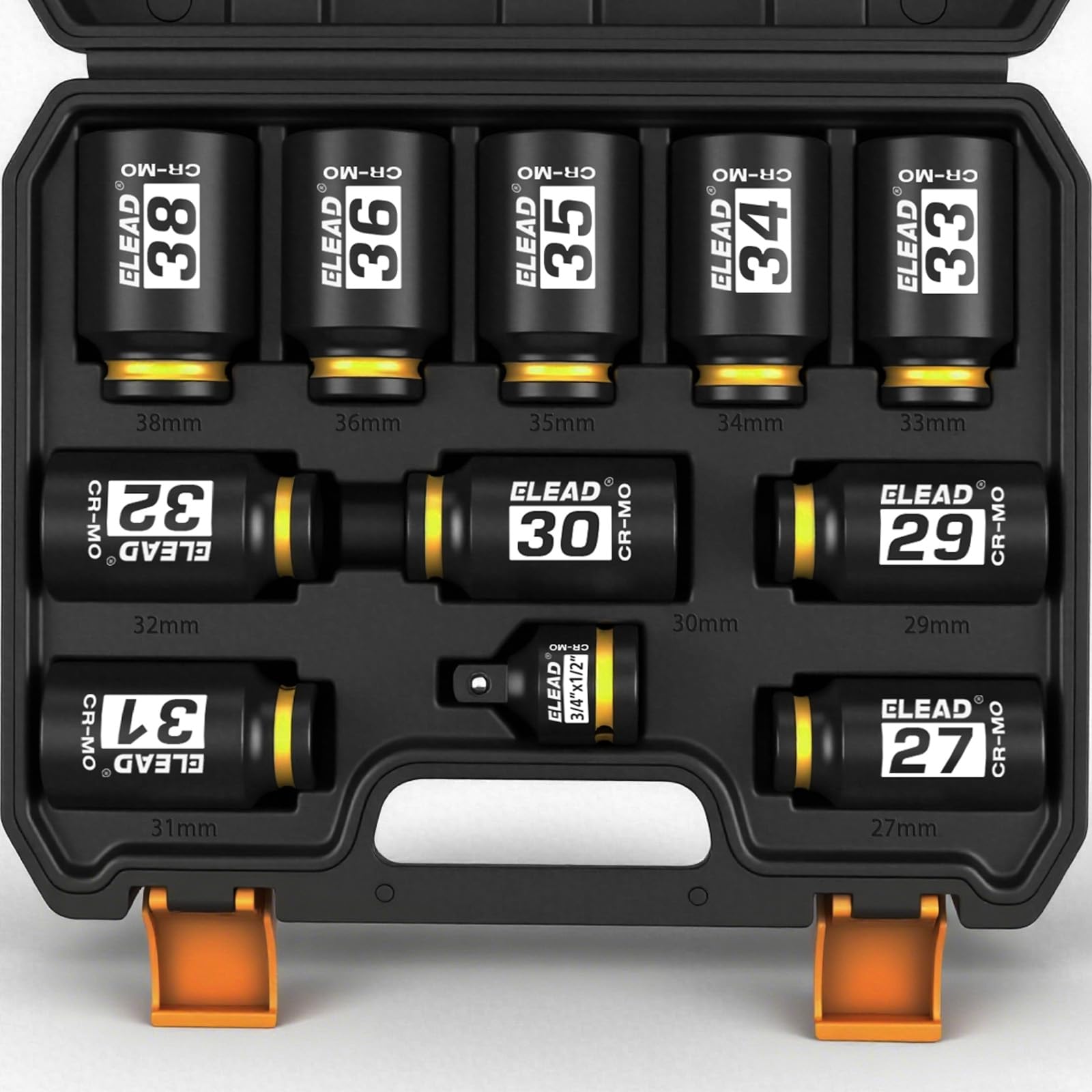 Photo 1 of 1/2'' Drive Deep Impact Socket Set: 11-Piece Metric Wheel Axle Nut Wrench Large Jumbo 27mm 29mm 30mm 31mm 32mm 33mm 34mm 35mm 36mm 38mm Car Spindle Joint High Torque Truck Bearing Locknut