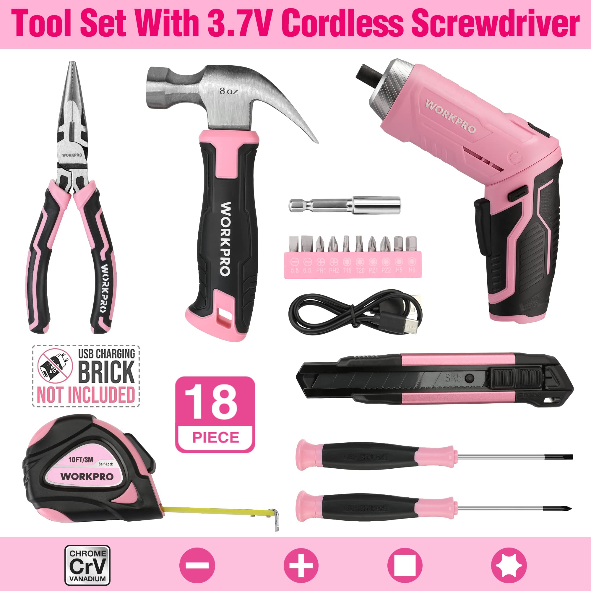 WORKPRO Werkzeugset Rosa pink 18 tlg. mit USB C Akkuschrauber klein, pinker Werkzeugkoffer gefüllt Haushalt, Werkzeugsatz für Heimwerker, Kinder, DIY Bastelei 8