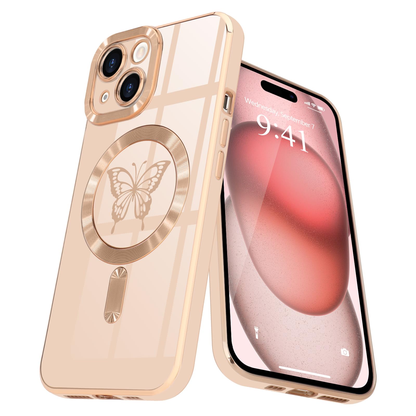 Lafunda Magnetic for iPhone 15 Plus Case for Women Girls, [Compatible with MagSafe] Cute Butterfly Full Camera Protection Shockproof Soft Silicone Bumper Cover Phone Case for iPhone 15 Plus 6.7", Pink