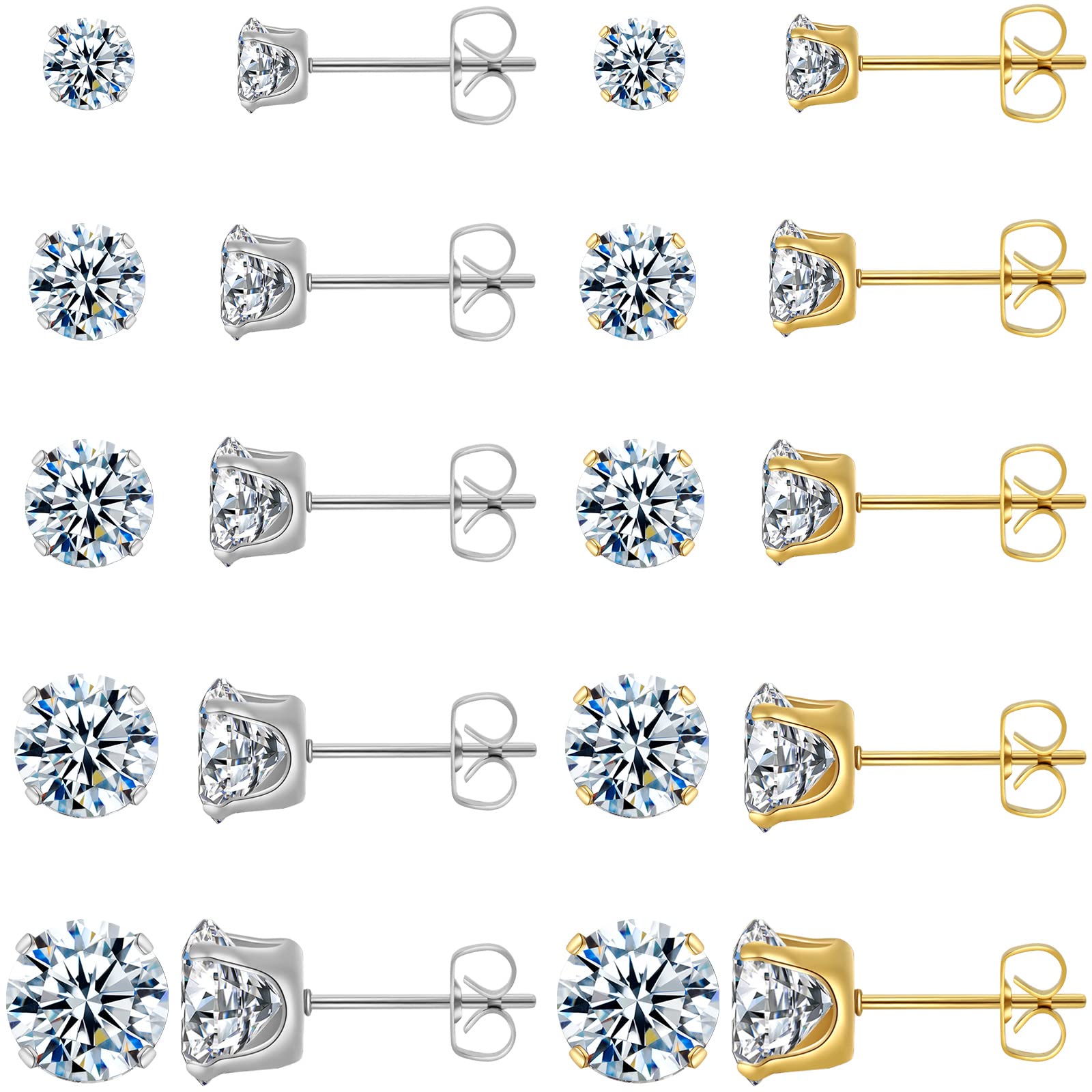 Photo 1 of 10 Pairs Surgical Steel Stud Earrings Set, Silver and 14K Gold Plated Hypoallergenic Earrings Studs Set for Women, Stainless Steel Cubic Zirconia Waterproof Non Tarnish
