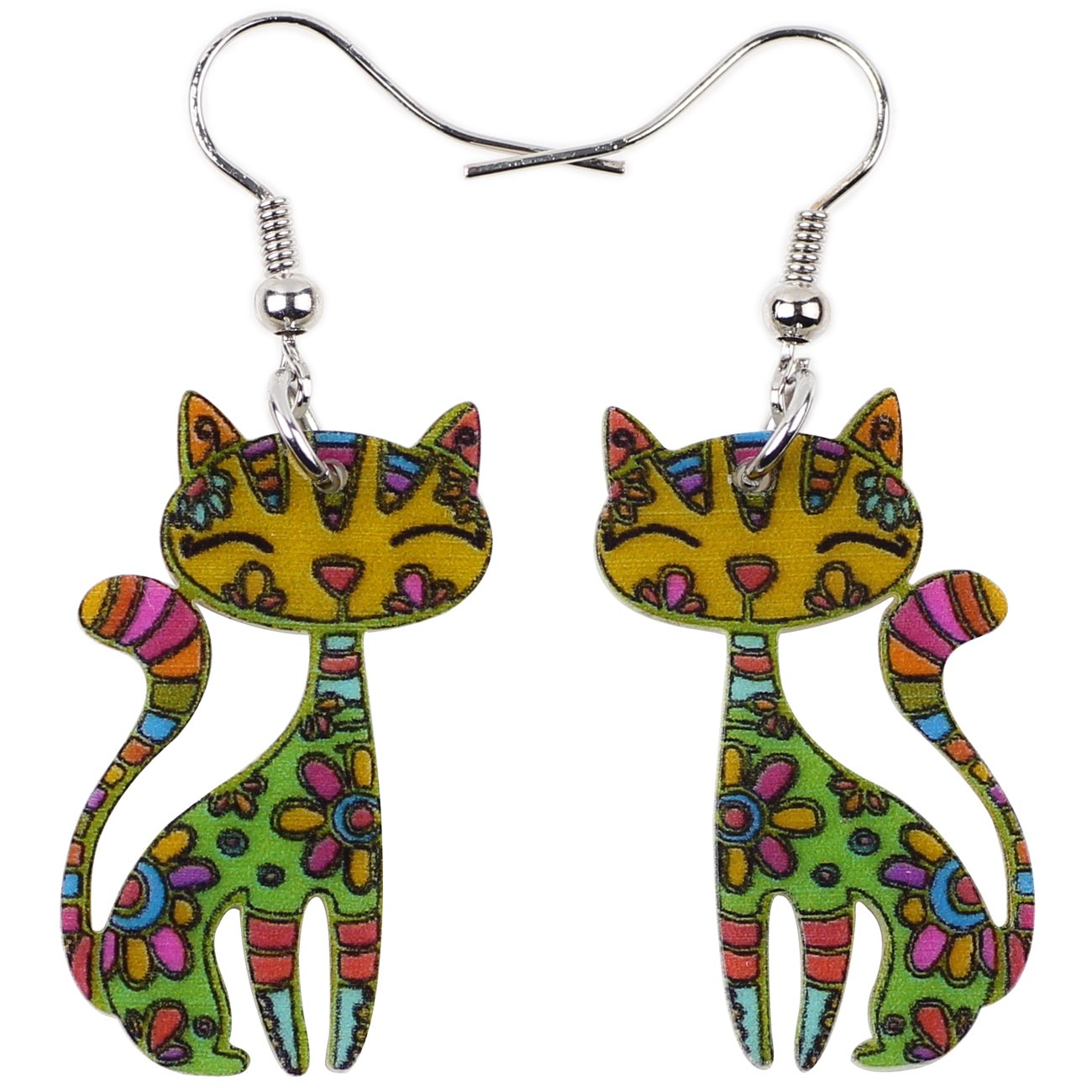Bonsny Acrylic Long Drop Dangle Cat Earrings "CAYLEIGH Statement Pop-Art Kitten Gift Girl Women (Green)