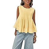 Megfie Womens Summer Pleated Peplum Sleeveless Blouse Tank Tops Round Neck Y2K Babydoll Blouse Shirt