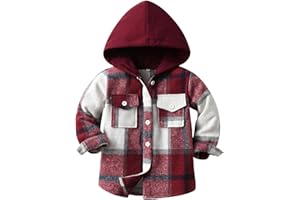 Toddler Kids Plaid Shacket Jacket Boys Girls Flannel Shirts Long Sleeve Button Down Hooded Jackets Warm Coat