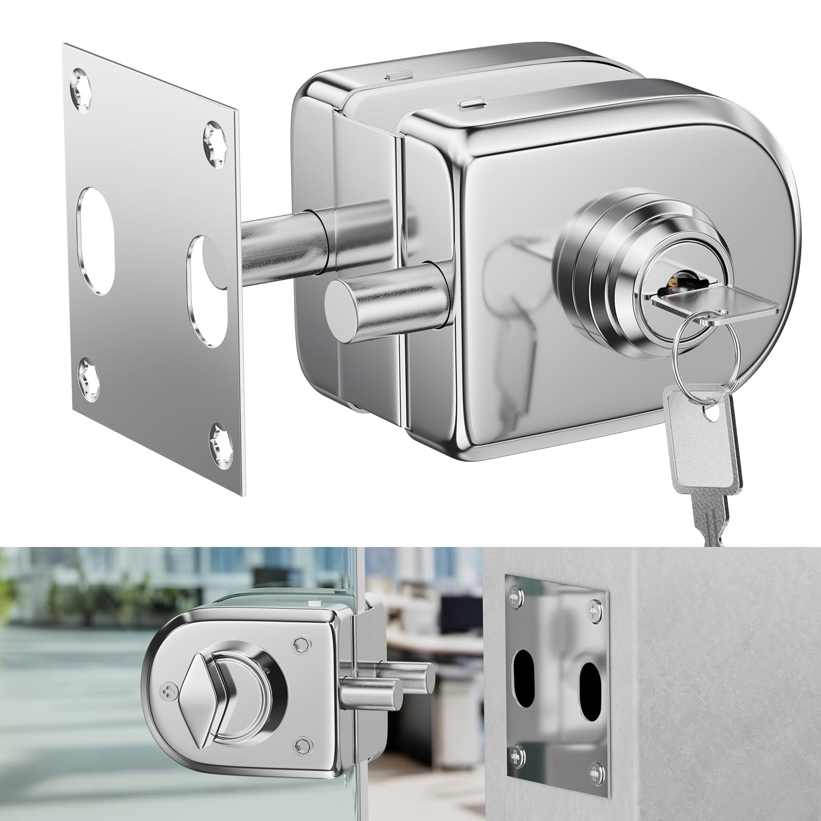 Ranbo Frameless Glass Swing Door Lock, Floor Bolt, No-Drill, 304 Stainless Steel, Suitable for 3/8''-1/2'' (10mm-12mm) Thick Sliding Glass Doors, Office Doors, Commercial Doors, 2 keys,Polished Chrome