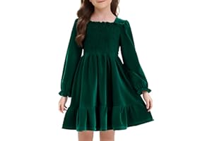 NIUSC Girls Long Sleeve Dress Velvet Square Neck Midi Fall Winter Long Sleeve Vintage Plain Dress 4-12Y