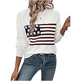 SweatyRocks Women's American Flag Print Long Sleeve Sweater Casual Loose Knit Round Neck Pullover Top