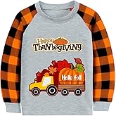 Toddler Boy Thanksgiving Shirt Pumpkin Monster Truck Dino Turkey Orange Plaid Long Sleeve Tshirt Tops 2-7 Years
