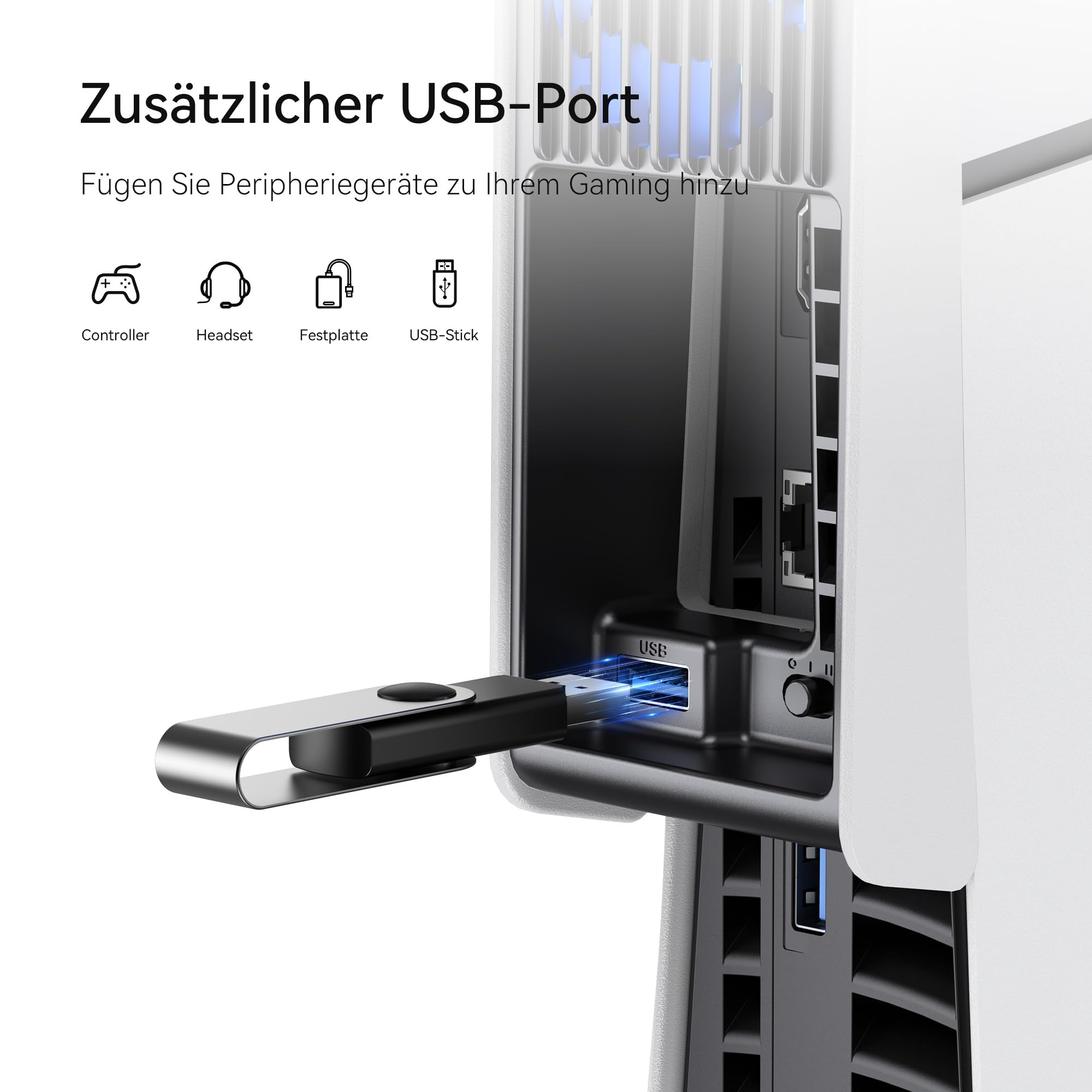 KIWIHOME PS5 Lüfter mit automatischer Geschwindigkeitseinstellung, leiseres Kühlzubehör LED-Licht und USB3.0-Hub für slim Disc & Digital Editionen 5