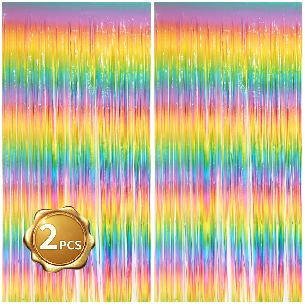 BEISHIDA 2 Pack Light Rainbow Foil Fringe Curtain Assorted Colorful Tinsel Metallic Curtains Photo Backdrop for Birthday Party Wedding Engagement Bridal Shower (3.28 x 6.56 ft)