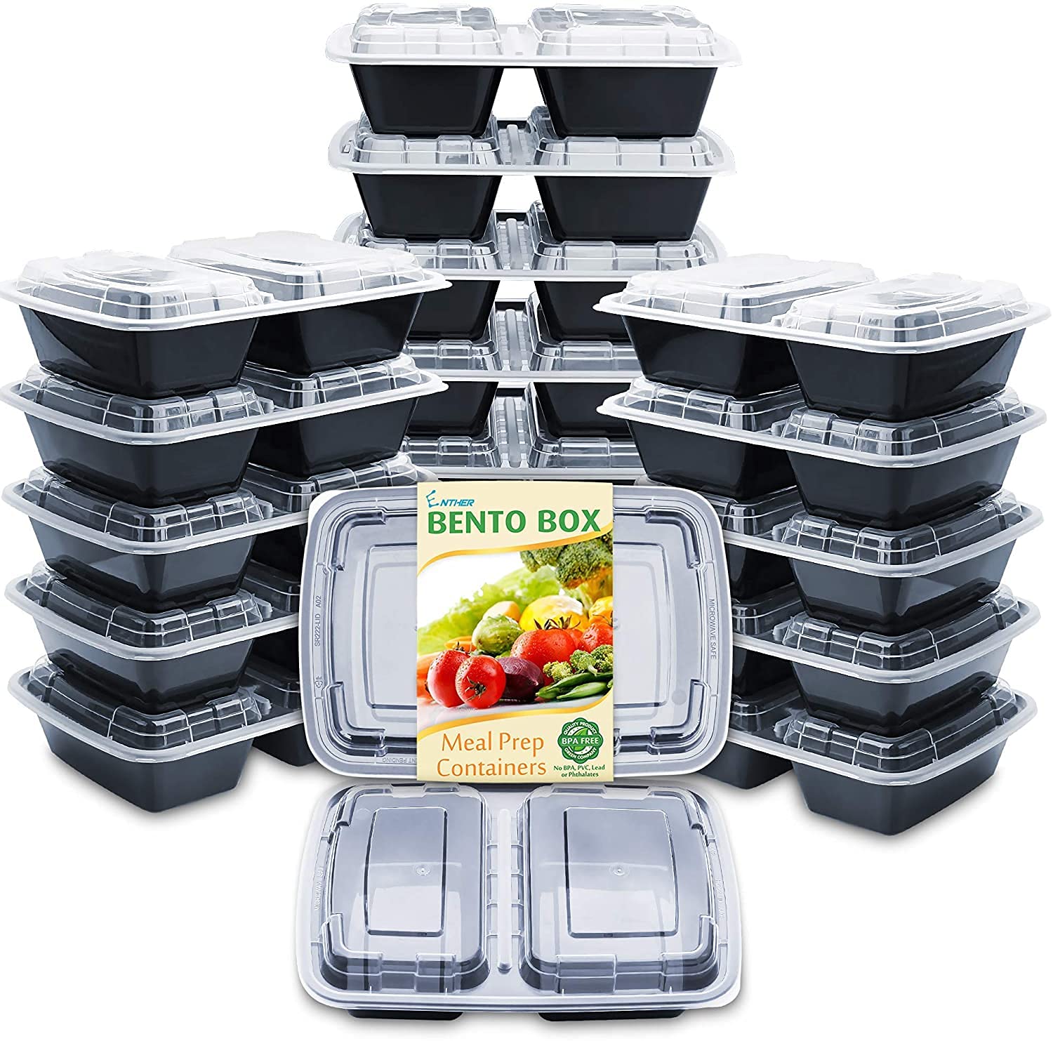 Photo 1 of Enther Meal Prep Containers [20 Pack] 2 Compartment with Lids, Food Storage Bento Box | BPA Free | Stackable | Reusable Lunch Boxes, Microwave/Dishwasher/Freezer Safe, Portion Control (32 oz)