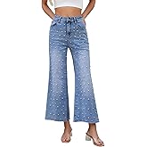 Kedera Womens Wide Leg Pearl Jeans High Waisted Cropped Denim Pants Casual Embellished Jeans with Raw Hem