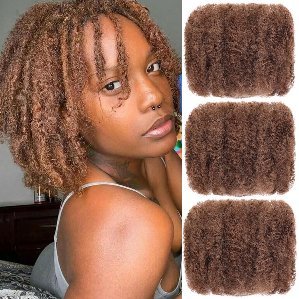 Kackanaa 8 Inch Afro Kinky Curly Human Hair Bulk for Dreadlock Extensions - 3 Packs Marley Twist Hair for Mini Twist Repair Locs - Honey Brown Springy Afro Human Hair, 30g/Pack — image 1