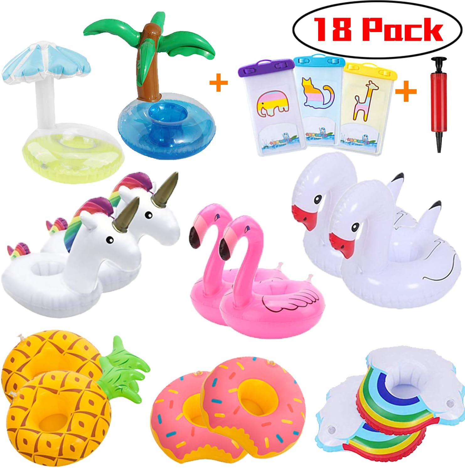 FRETOD Inflatable Drink Holder 14 PACK with Free 1 Inflator and 3 Phone Waterproof Bag Pool Drink Holder for Pool Party