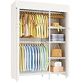 ULIFHOME F2C Clothes Rack with Cover, Clothing Racks for Hanging Clothes, Heavy Duty Garment Rack with Shelves and Hanger Rods, White Closet with Beige Cover, 47.2" W x 16.5" D x 78.3" H, Load 630lbs