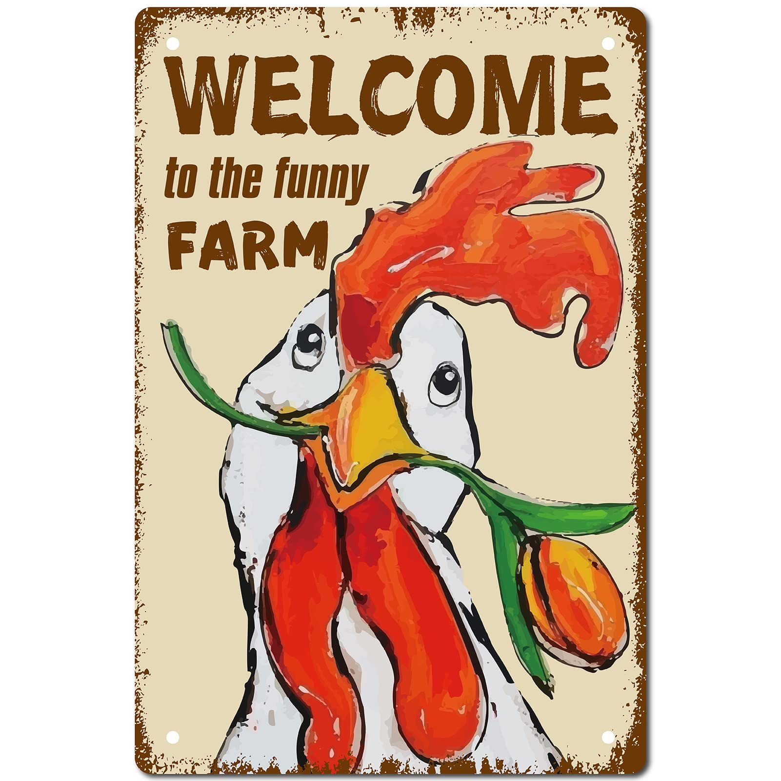 CREATCABIN Welcome to The Funny Farm Sign Chicken Metal Tin Signs Retro Vintage Poster Wall Decor Garage Farmhouse Garden Bar Club Bathroom Door Yard Decorations, 8 x 12 Inch