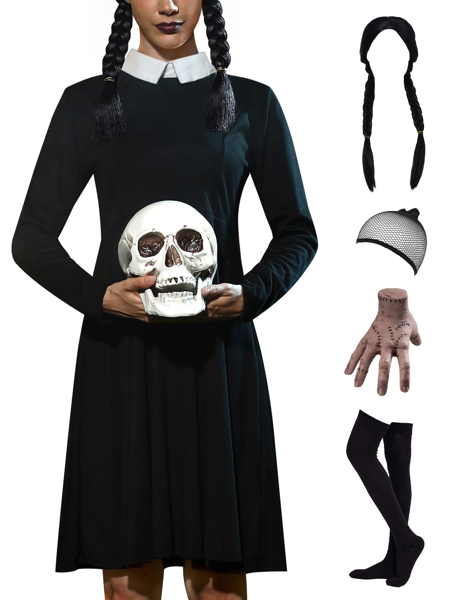 Photo 1 of For G and PL Halloween Womens Peter Pan Collar Wensday Adams Cosplay Party Costume 5PCS Mini Long Sleeve Dress Black L