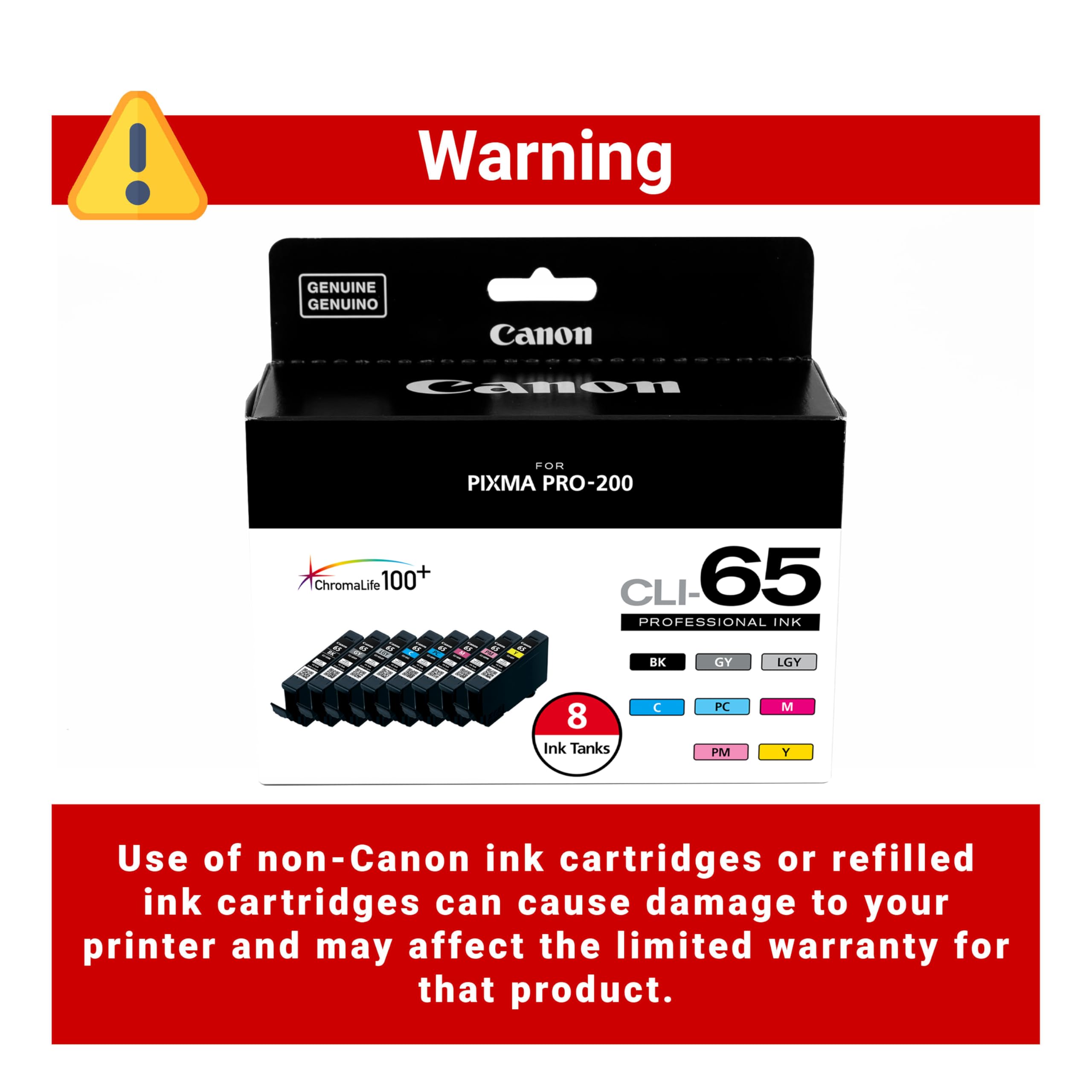 Canon CLI-65 Genuine Eight Color Pack, Compatible with PIXMA PRO-200, and PIXMA PRO-200S Printers