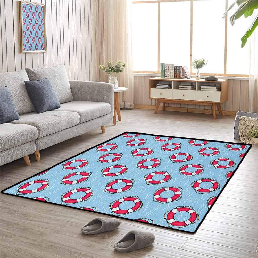 Decorative Floor Mat, Anti-Skid Large Area Rugs Presents Decor Idea for Bedroom Living Room, Buoy | Pattern with Lifebuoys Floating in Ocean Swimming Urgency SOS Protection - 3'x5'