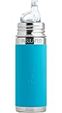 Pura Kiki 9 oz / 260 ml Stainless Steel Insulated Sippy Cup with Silicone XL Sipper Spout & Sleeve, Aqua (Plastic Free, NonToxic Certified, BPA Free)