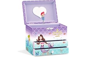 A&A Music Jewelry Box for Girls with Double Drawers and Big Storage Paired with Cute Mermaid Theme Rotating Playback the Tune for Beautiful Dream Light Purple