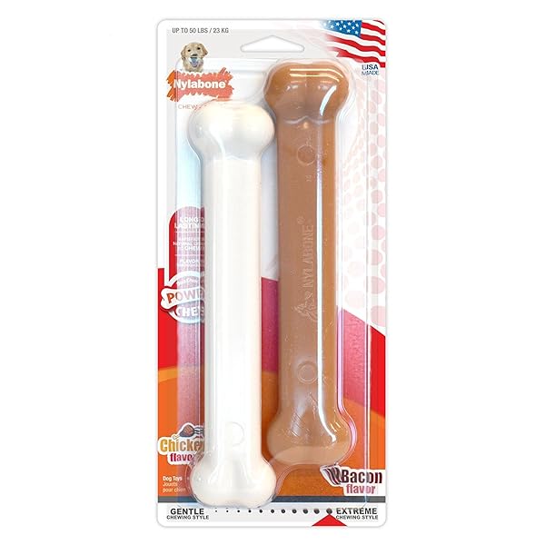 NYLABONE ORIGINAL BONE POWER CHEW TOY FOR DOGS, DURABLE DOG TOYS FOR AGGRESSIVE CHEWERS, BASTED BLAST CHICKEN FLAVOR, LARGE – UP TO 50 LBS, 2 PACK