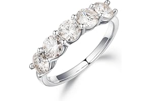 SMILEST 5 Stone Moissanite Rings for Women, 2ct D Color VVS1 Clarity Brilliant Round Lab Created Moissanite Wedding Band Anniversary Ring, White Gold, Prong Setting
