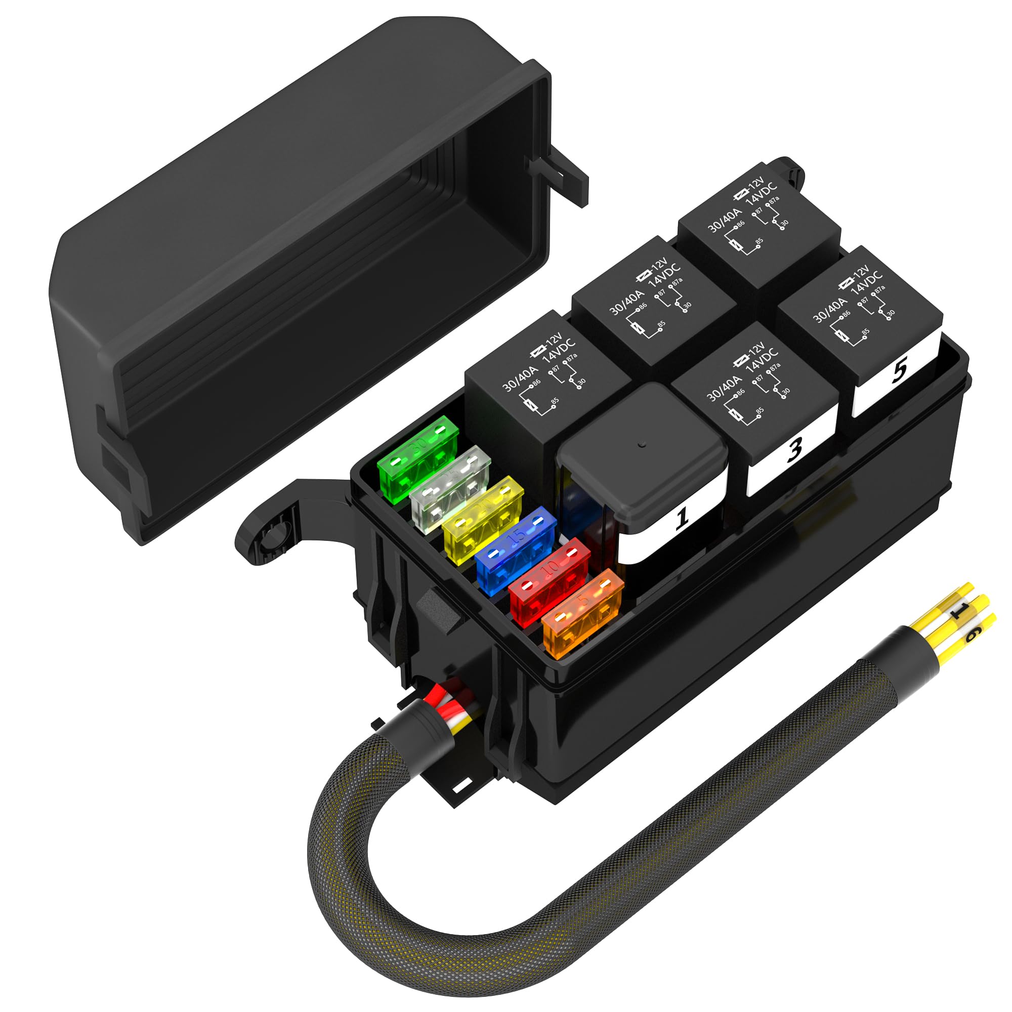 Photo 1 of Fuse Box 12V Relay Box 6 Way Automotive Waterproof Relay Fuse Box Pre-Wired Relay Panel with 6 Relays and 6 ATC/ATO Blade Fuses for Car Truck Jeep Boat