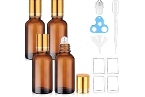 bofessor 4-Pack 1 oz (30ml) Amber Glass Roller Bottles for Essential Oils | Refillable Roll-On with Stainless Steel Rollers | Leakproof, UV Protection