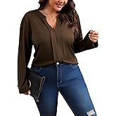 Angelips Women's Plus Size Tops V Neck Pleated Front Shirts Trendy Casual Business Tunic Long Sleeves Fall Blouse
