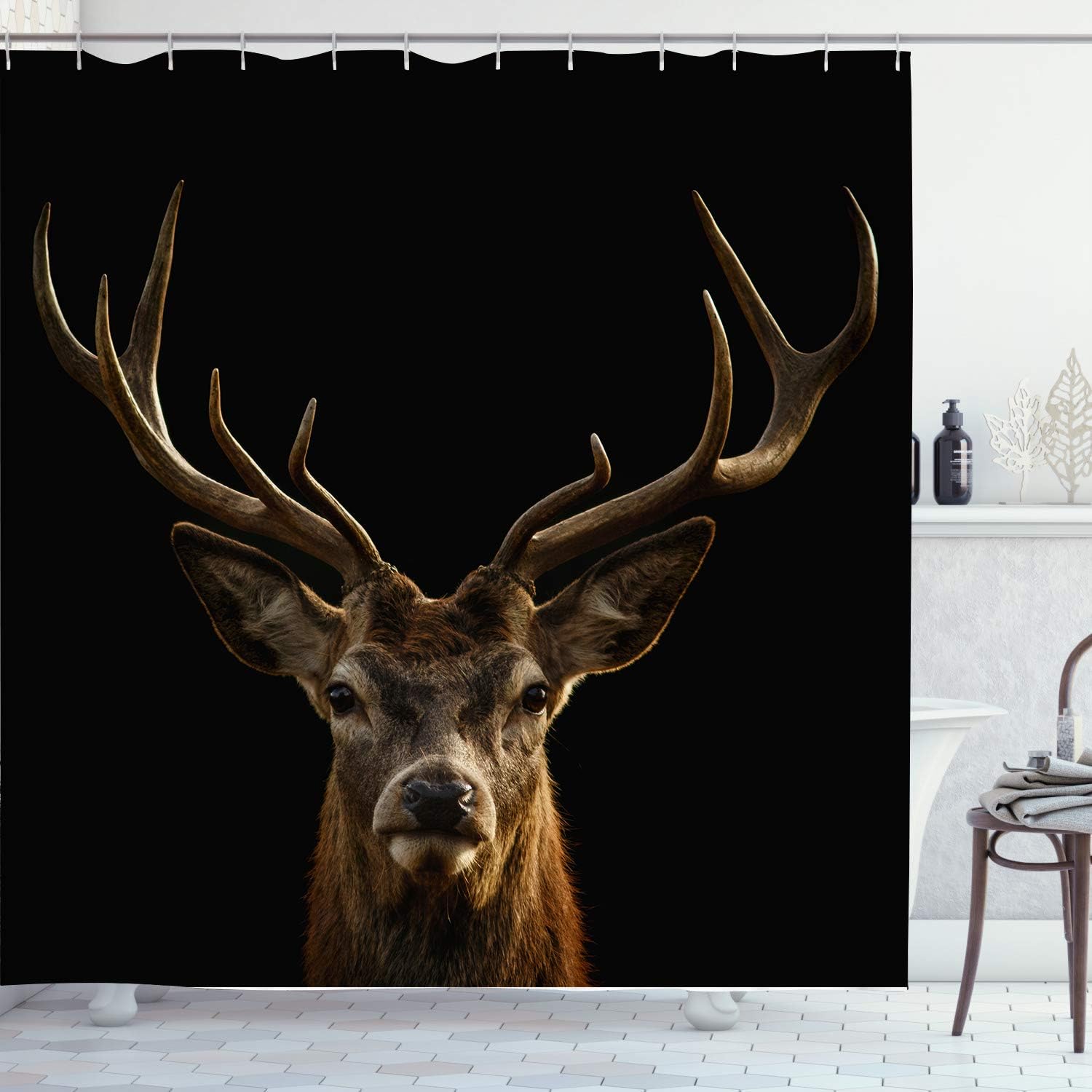 Amazon Com Irongarden Antler Shower Curtain Animals Theme Deer Black Background Elk Bathroom Decor Machine Washable Polyester Fabric Bath Curtain 72x 72 Inch Kitchen Dining