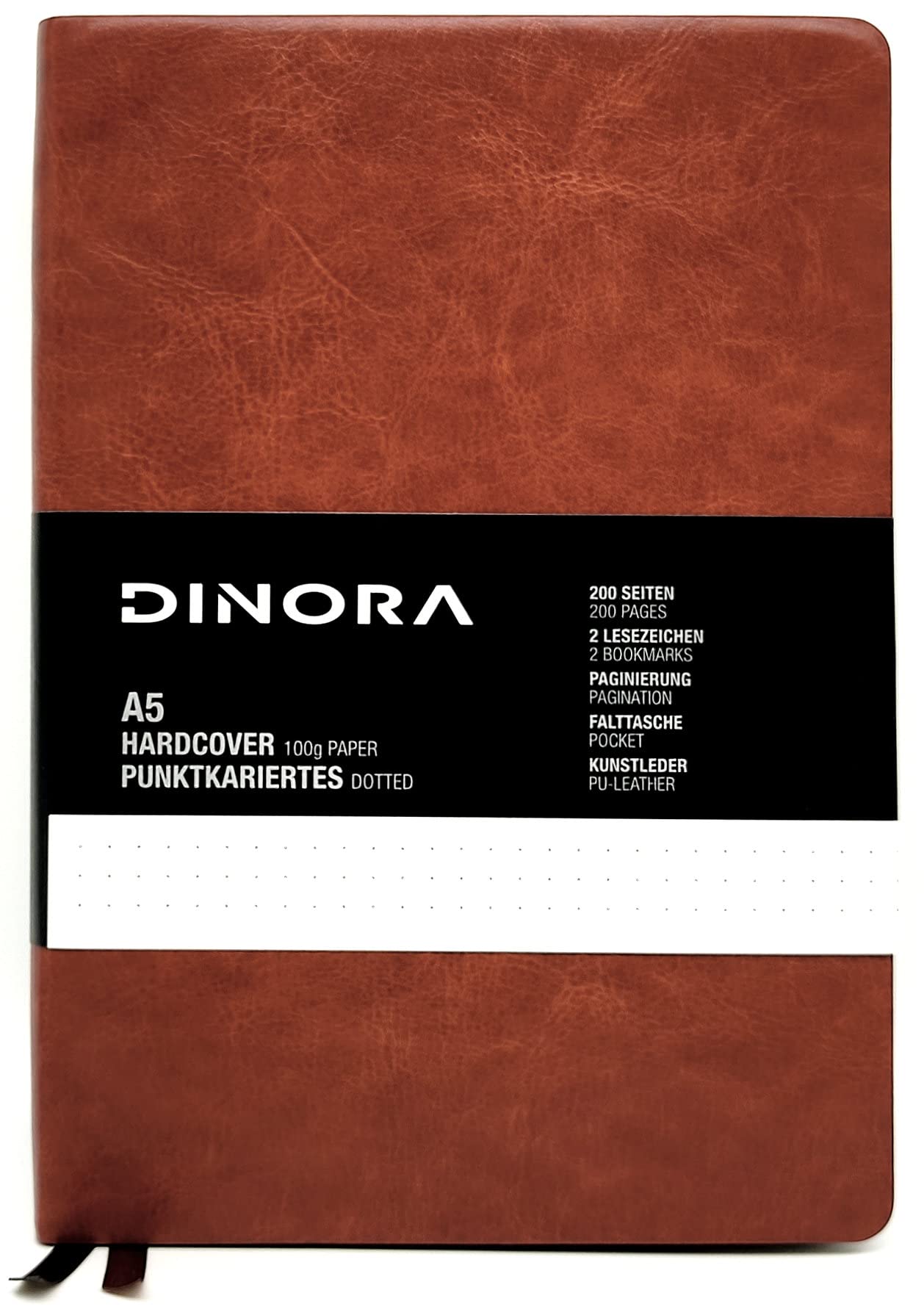 Dinora® Notebook A5 Soft Cover - Dotted - PU Leather - 200 Numbered Pages - 100 g Avery Paper - Chestnut Brown