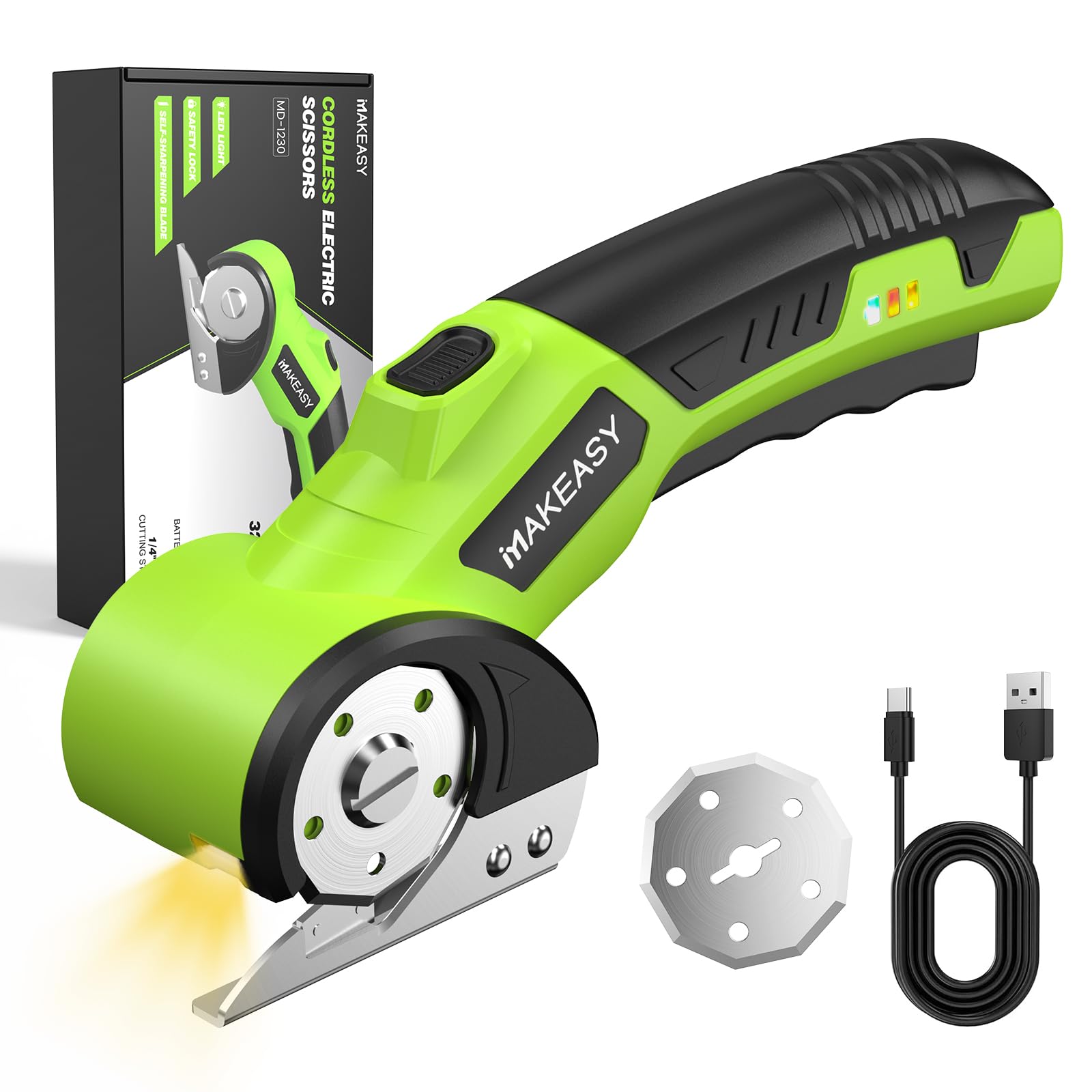 Photo 1 of MAKEASY Cardboard Cutter, Rechargeable Electric Scissors, Box Cutter with a Replacement Blade, Rotary Cutter for Fabric, Carpet, Plastic and Leather, 3.6V, 1500mAh, 320RPM