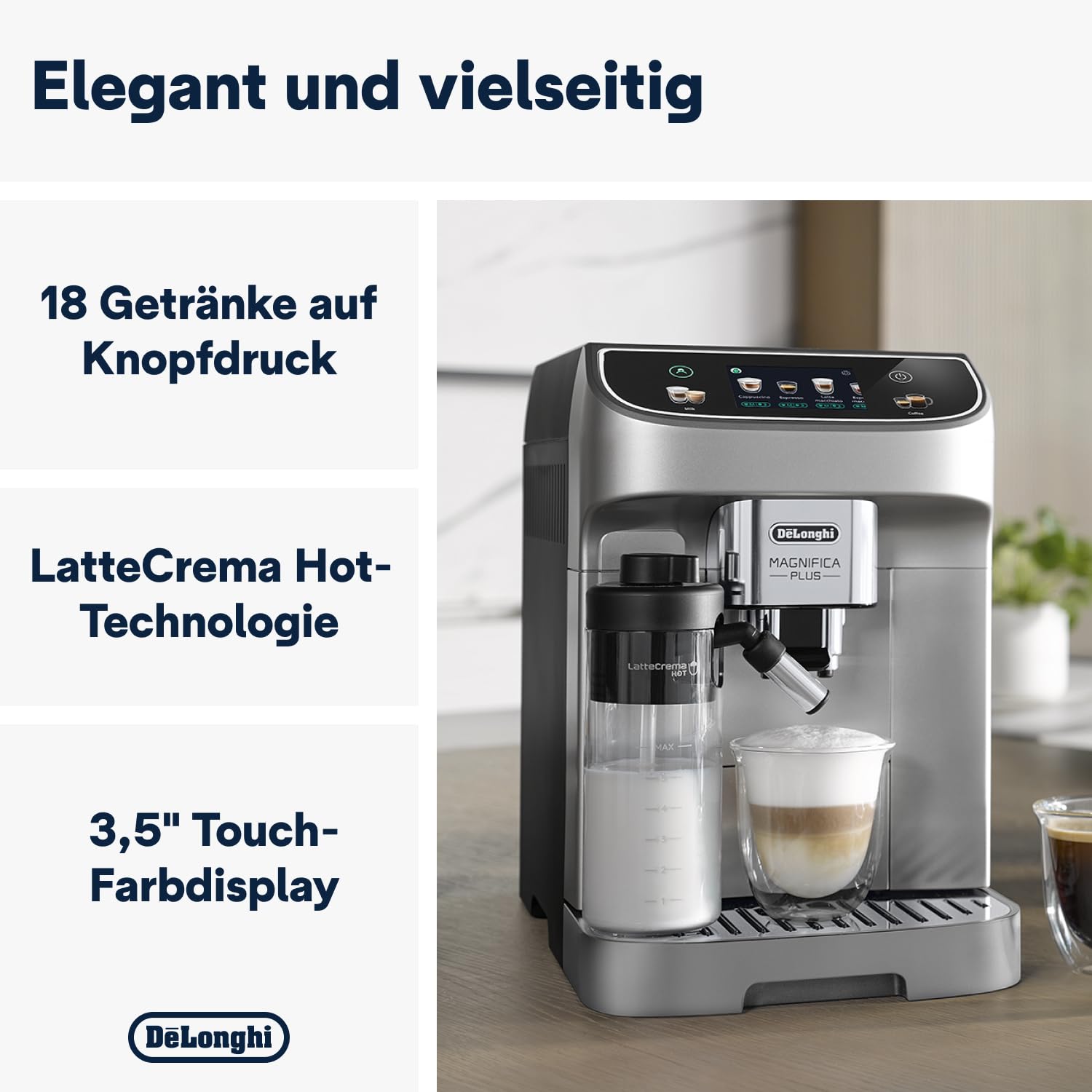 De’Longhi Magnifica Plus - Perfetto Kaffeevollautomat mit LatteCrema-Milchaufschäumer, 18 One-Touch-Getränke, farbiges Touch-Display, Silber Schwarz (ECAM322.70.SB) 2