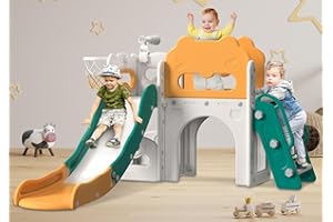 Babytronic Toddler Slide, 7 in 1 Kids Indoor Slide for Toddler 1-3, Indoor Outdoor Toddler Slide Playset with Basketball Hoop and Telescope, Baby Indoor Slide Toddler Playground (Green&Yellow)