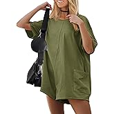 Ekouaer Summer Rompers for Women Short Sleeve Oversized T-shirt Romper Reversible Baggy Jumpsuit Outfits with Pockets