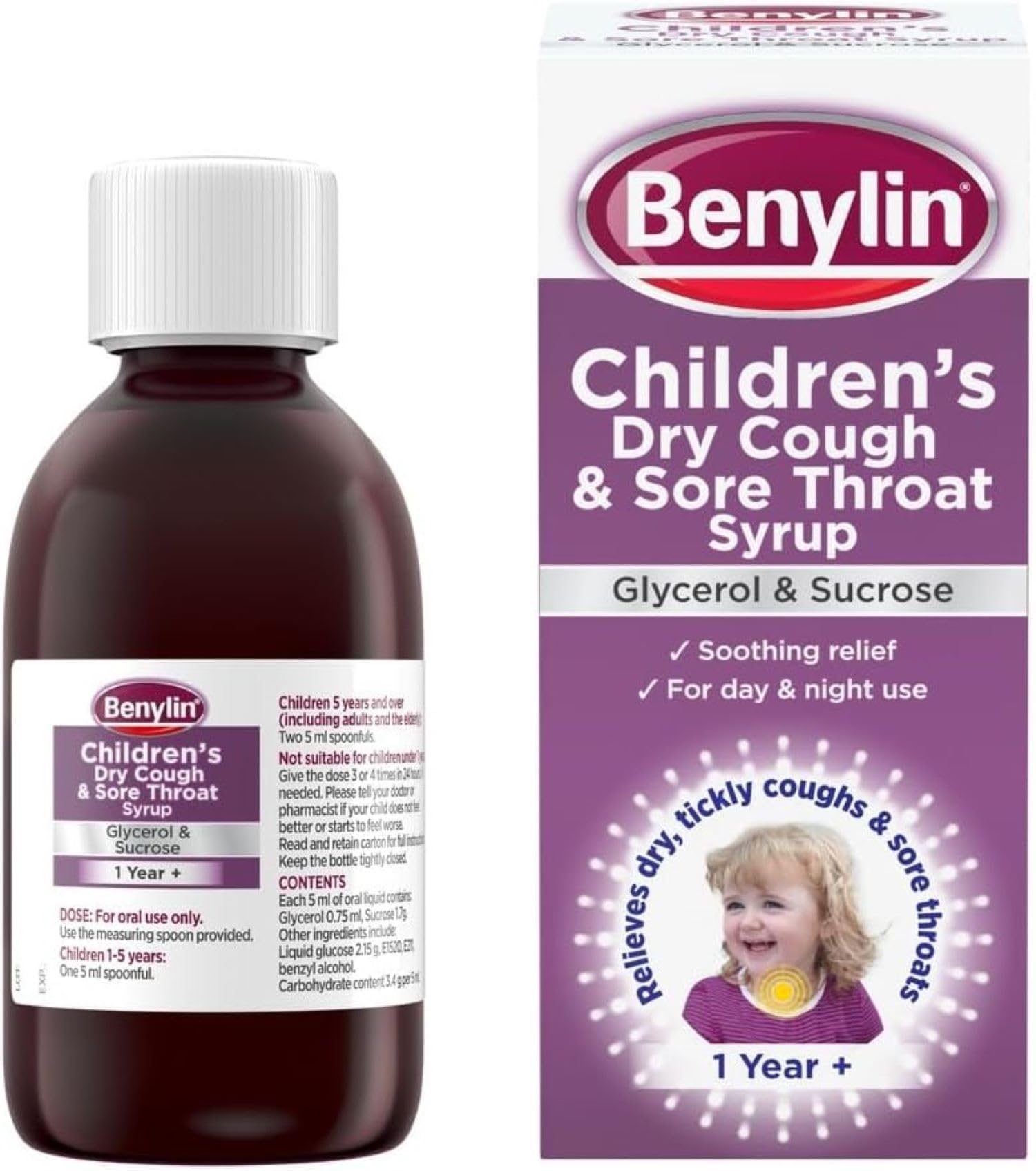Benylin Children’s Dry Cough and Sore Throat Syrup (1x 125ml), Relieves Sore Throat, Cough Medicine For Children Aged 1 Year +, Suitable for Day and Night Use