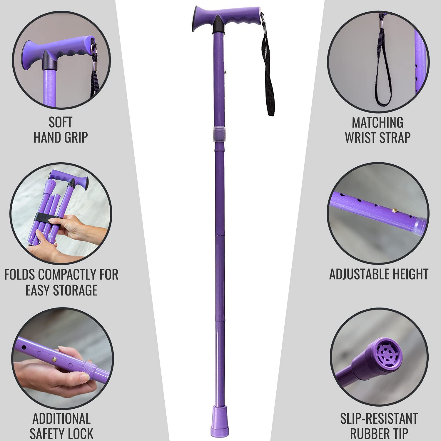 HealthSmart Folding Walking Stick, Soft Comfort Grip Collapsible Walking Stick, Adjustable Folding Walking Cane, FSA HSA Eligible, Lavender